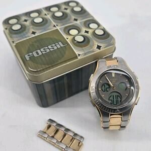 Vtg Fossil Blue Diver 100 Meter Chronograph Stainless Steel Two Tone Wrist Watch